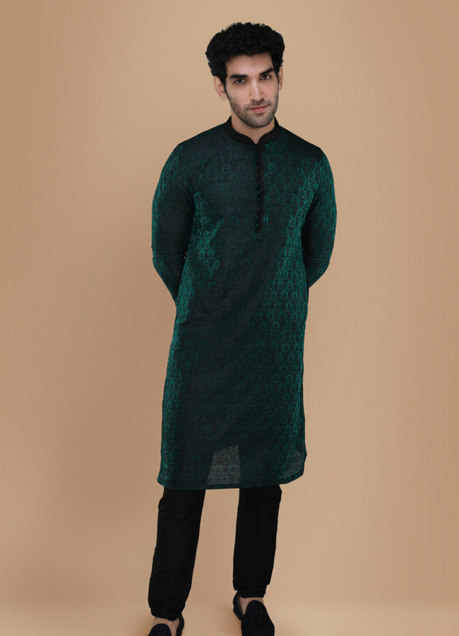 Emerald Green Jacquard Kurta Set image number 1